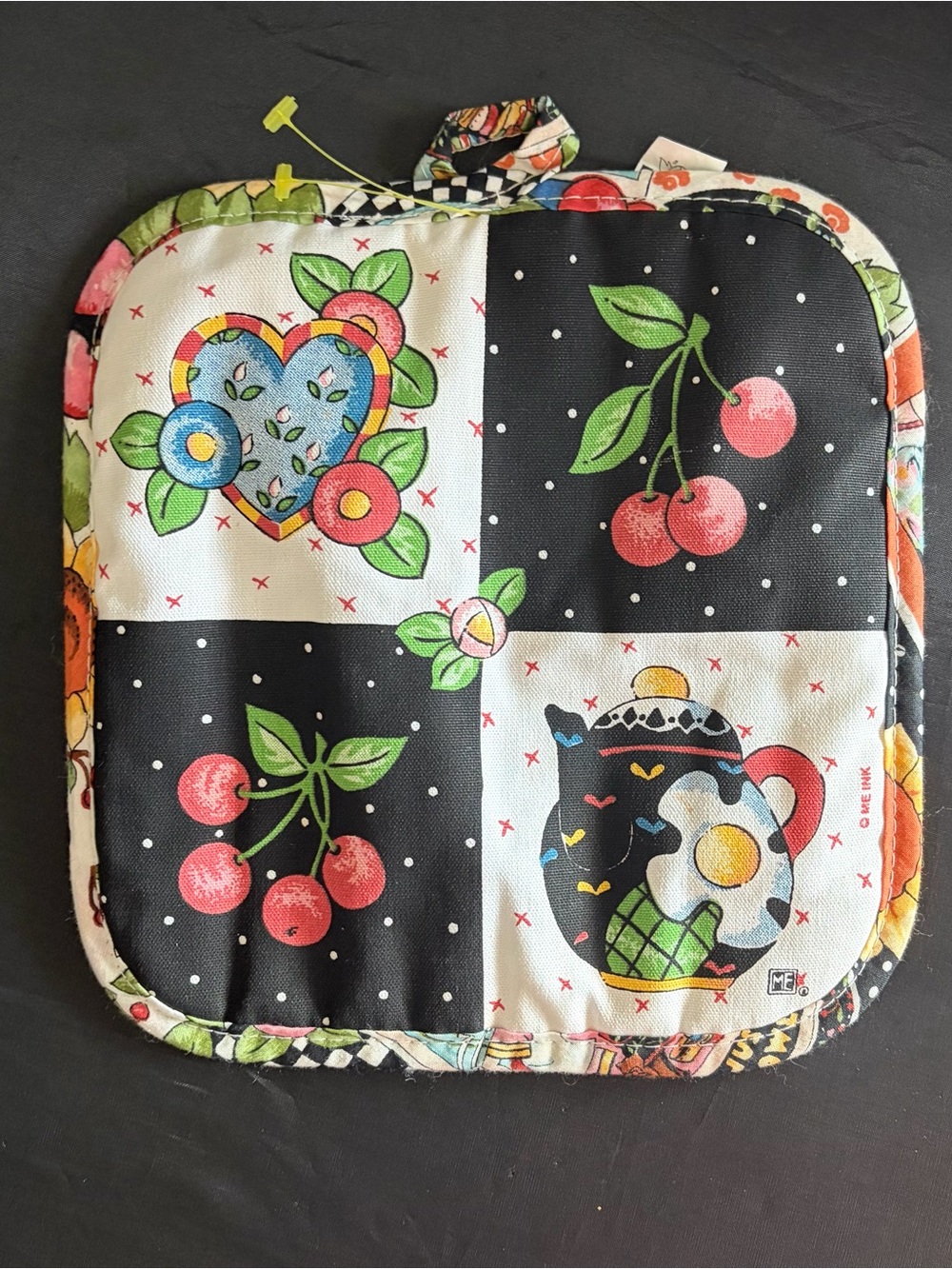 Vintage Mary Engelbreit Cherry Teapot Quilted Fabric Pot Holder Hot Pad